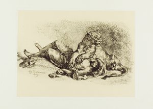 Løvinde river i brystet på en araber af Eugène Delacroix