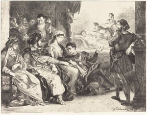 Spillere, der udfører forgiftningen af Hamlets far (Act III, Scene II) af Eugène Delacroix