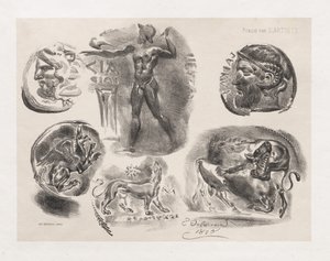 Ark med seks antikke mønter af Eugène Delacroix
