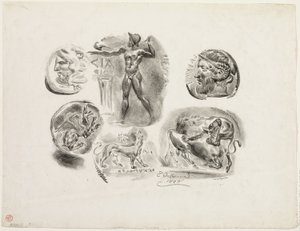 Ark med seks antikke medaljer af Eugène Delacroix