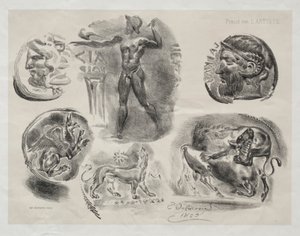 Ark med seks antikke medaljer af Eugène Delacroix