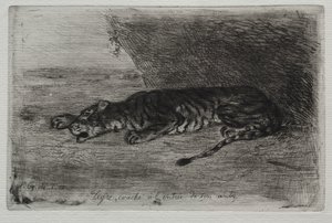 Tiger sover ved indgangen til hans hule af Eugène Delacroix