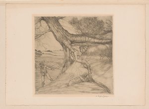Såmand og liggende figur med foldede hænder i et landskab af Eugène Joors (signed by artist)