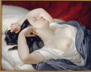 Sovende italiensk kvinde. Smuk kvinde med lukkede øjne og udækket bryst, sovende liderligt på sengekanten. Maleri af Eugene Pluchart (1809-1880), olie på lærred, ca. 1840. Fransk kunst