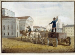 Transport af granitblokke til teaterpladsen i Sankt Petersborg. Værk af Eugene Pluchart (1809-1880), akvarel på litografi