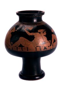 Psyktervinkøler med rød figur med symposiumscene, oldgræsk, c505-c500 f.Kr.
