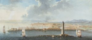 En udsigt over en havn fra havet, sandsynligvis Livorno (pen, brunt blæk og gouache) af European School