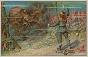 En dykker trues af en blæksprutte (chromolitho) af European School