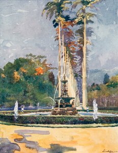 En del af Avenue of Royal Palms, Botanisk Have (farvelitografi) af European School