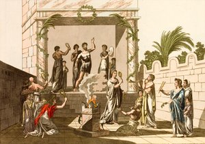 Gamle romere udfører Isis-riterne, Pompeji (farvet indgravering) af European School