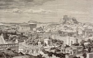 Kunstnerindtryk af Athen, på kejser Hadrians tid, fra 