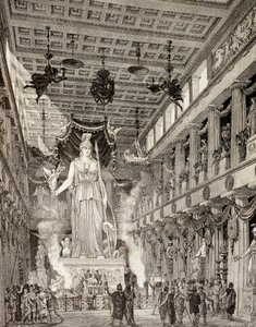 Kunstnerindtryk af statuen af gudinden Athena i Parthenon, Athen, i den klassiske periode, fra 