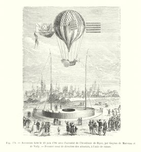 Opstigning foretaget den 12. juni 1784 med aerostaten fra Academy of Dijon, af Guyton de Morveau og de Virly, Første test af retning af aerostater, ved hjælp af årer (gravering) af European School