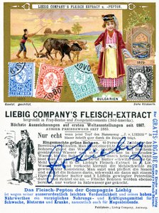 Bulgarske frimærker, for- og bagside af et Liebig-kampagnekort, 1897 af European School