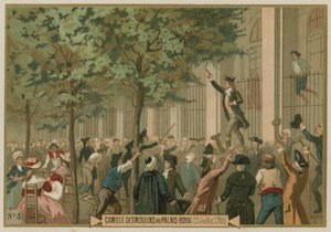 Camille Desmoulins udsender sin opfordring til våben uden for Palais Royal, Paris, den franske revolution, 12. juli 1789 af European School