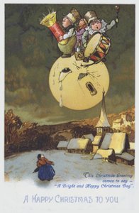 Julekort med en gruppe musikere på månen over en sneklædt by. (chromolitho) af European School