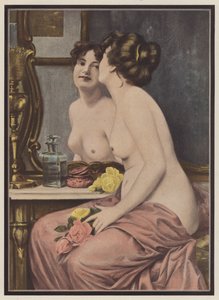 Coquetry, kvinde foran et spejl (farve litho) af European School