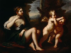 Diana og amoriner (olie på lærred) af European School