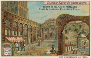 Diocletians Palads i Split i Kroatien med detalje af kolonnaden og den sydlige havport (chromolitho) af European School