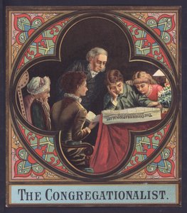 Familie læser en kopi af The Congregationalist (chromolitho) af European School