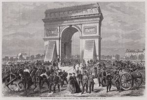 Tyske soldater ved Triumfbuen, Paris, efter at have sikret sig sejren i den fransk-preussiske krig, 2. marts 1871 (gravering) af European School