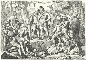 Germanicus begraver knoglerne af soldater fra de tre romerske legioner under kommando af Publius Quinctilius Varus ødelagt af tyskerne i slaget ved Teutoburgerskoven i 9 f.Kr. (gravering) af European School