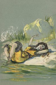 Pige ligger på en strand eller flodbred (farvelitografi) af European School