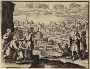 Guldklædt kavaleri i luften over Jerusalem (gravering) af European School