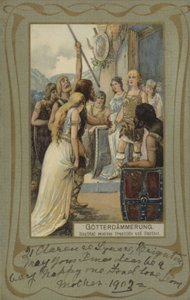 Gotterdammerung, Siegfried modtager Brunhilde og Gunther (farvelitografi) af European School