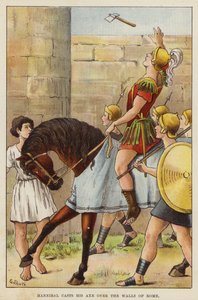Hannibal kaster sin økse over Roms mure (chromolitho) af European School