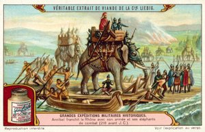 Hannibal krydser Rhone med sin hær og elefanter, 218 f.Kr. (chromolitho) af European School