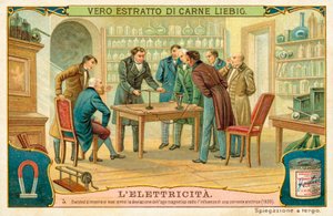 Hans Christian Ørsted viser sine venner magnetnålens afvigelse under påvirkning af en elektrisk strøm, 1820 af European School