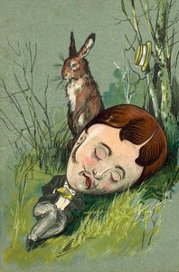 Hare sidder ved siden af en sovende mand på landet (chromolitho) af European School