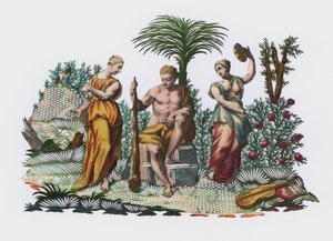 Herakles i en have (farvet gravering) af European School