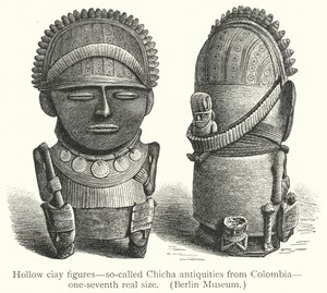 Hule ciay-figurer, såkaldte Chicha-antikviteter fra Colombia (gravering) af European School