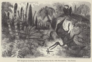 Imaginært landskab under den sekundære epoke, med Pterodactyler, Lias-periode (gravering) af European School