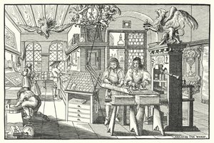 Interiør af et bogtrykkerværksted, c1676 (gravering) af European School