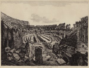 Interiør af Colosseum i Rom, udgravet i 1813 og åbnet i 1814 (gravering) af European School
