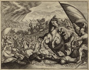 Israelitterne besejrede den amoritiske hær efter Josva havde befalet Solen og Månen at stå stille (gravering) af European School