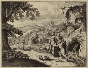 Jakob ruller stenen fra mundingen af brønden for at vande Labans får (gravering) af European School