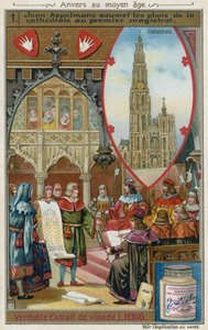 Jan Appelmans submitting his plans for the Cathedral of Our Lady to the First Magistrate, 14th Century  af European School