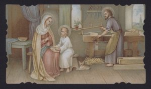 Jesus Kristus som dreng med sin mor, Maria, i Josefs snedkeri (chromolitho) af European School