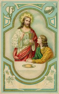 Jesus Kristus velsigner en mand, der tager imod nadveren (chromolitho) af European School