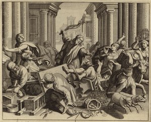 Jesus Kristus, der kører pengeudskiftere fra templet (gravering) af European School