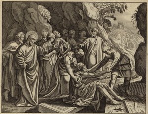 Jesus Kristus oprejser Lazarus fra de døde (gravering) af European School
