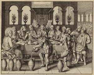 Jesus Kristus forvandler vand til vin ved brylluppet i Kana (gravering) af European School
