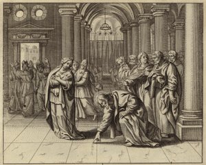 Jesus og kvinden taget i utroskab (gravering) af European School