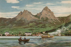 Vierwaldstättersee: Brunnen (farve litho) af European School