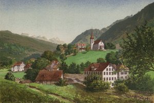 Vierwaldstättersee: Burglen (farve litho) af European School
