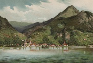Lucerne-søen: Gersau (farvelitografi) af European School